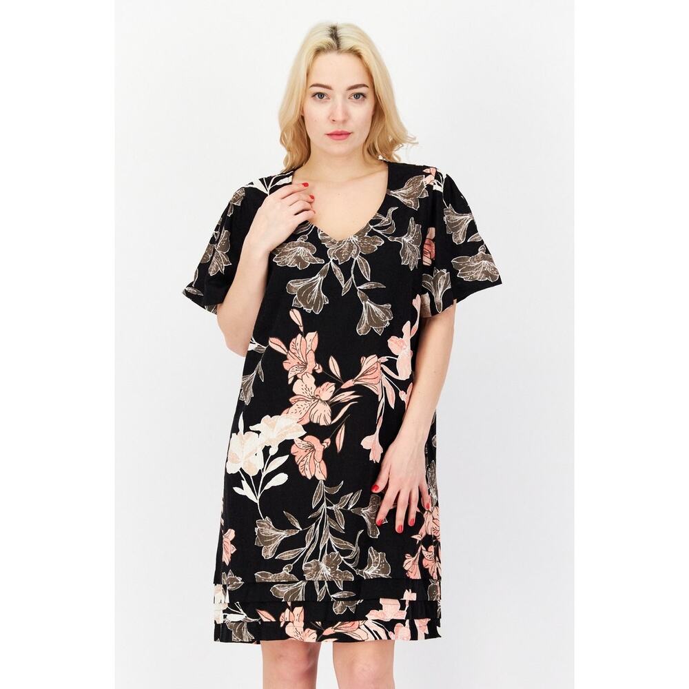 Nicole Miller Linen Blend Floral Short Sleeve Dress Size XL NEW Black Multi - Picture 9 of 9